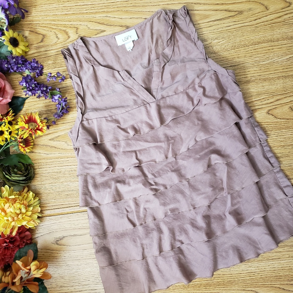 LOFT Tan Tiered Ruffled Sleeveless Top